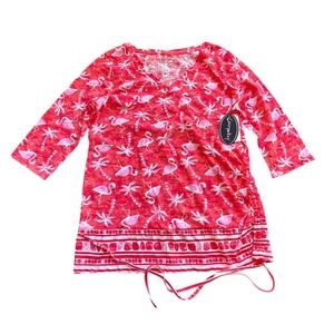 Casey Key Womens Flamingo Palm Tree Sequin Tunic Top Pink Coral Petite Large NWT